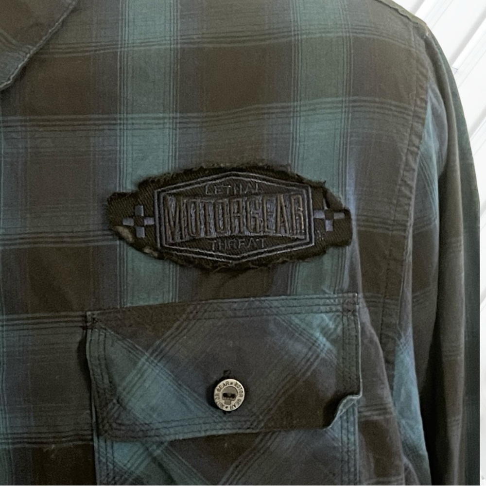 Lethal Threat Motorgear Death Row Button Black Blue Shirt Size Large - Picture 10 of 16